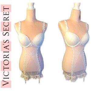 Victoria's Secret 2015 Sheer White Body Lace Garter Slip 36D *Fits Like Med